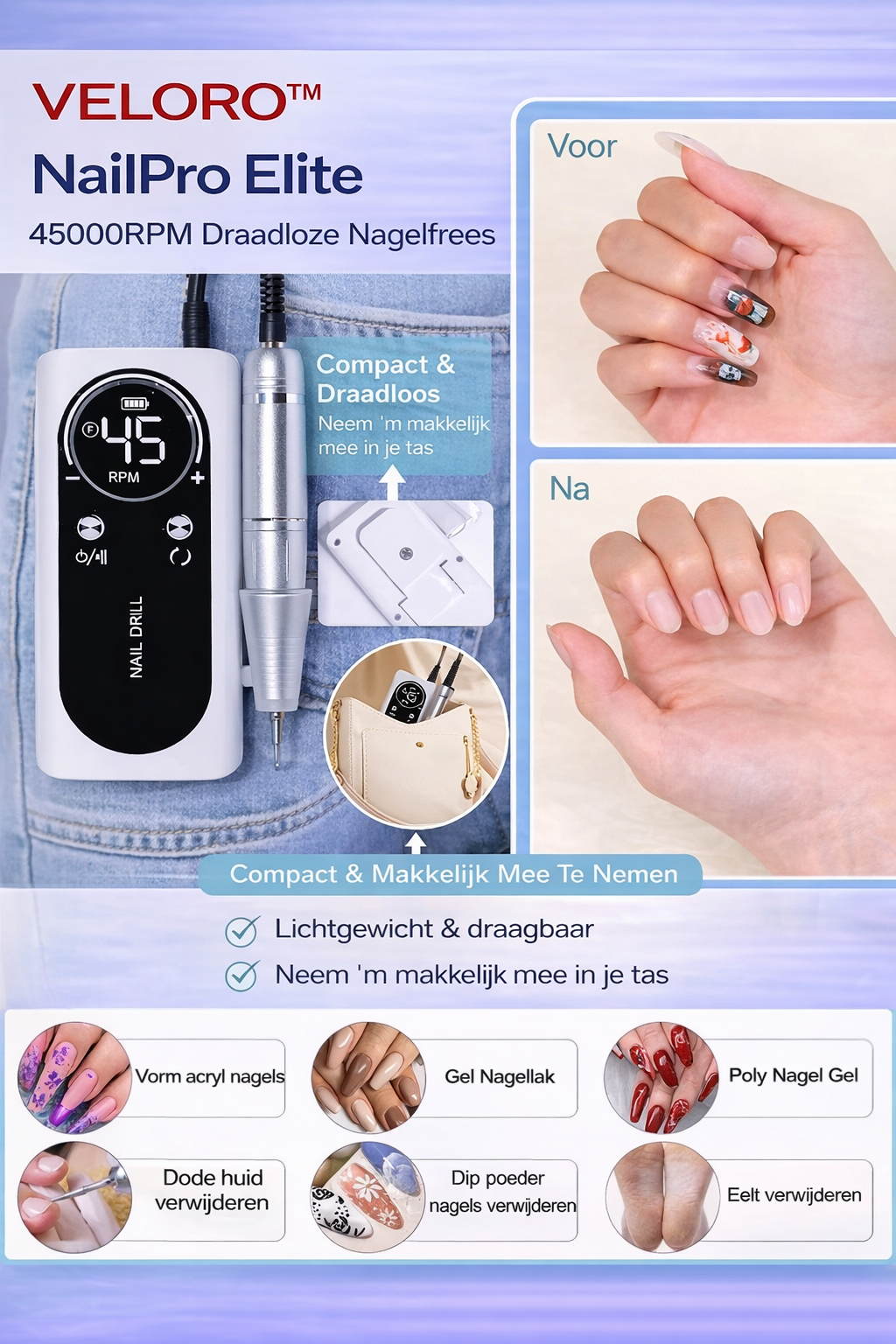 Veloro™ NailPro Elite – 45000RPM Professionele High-Speed Nagelfrees